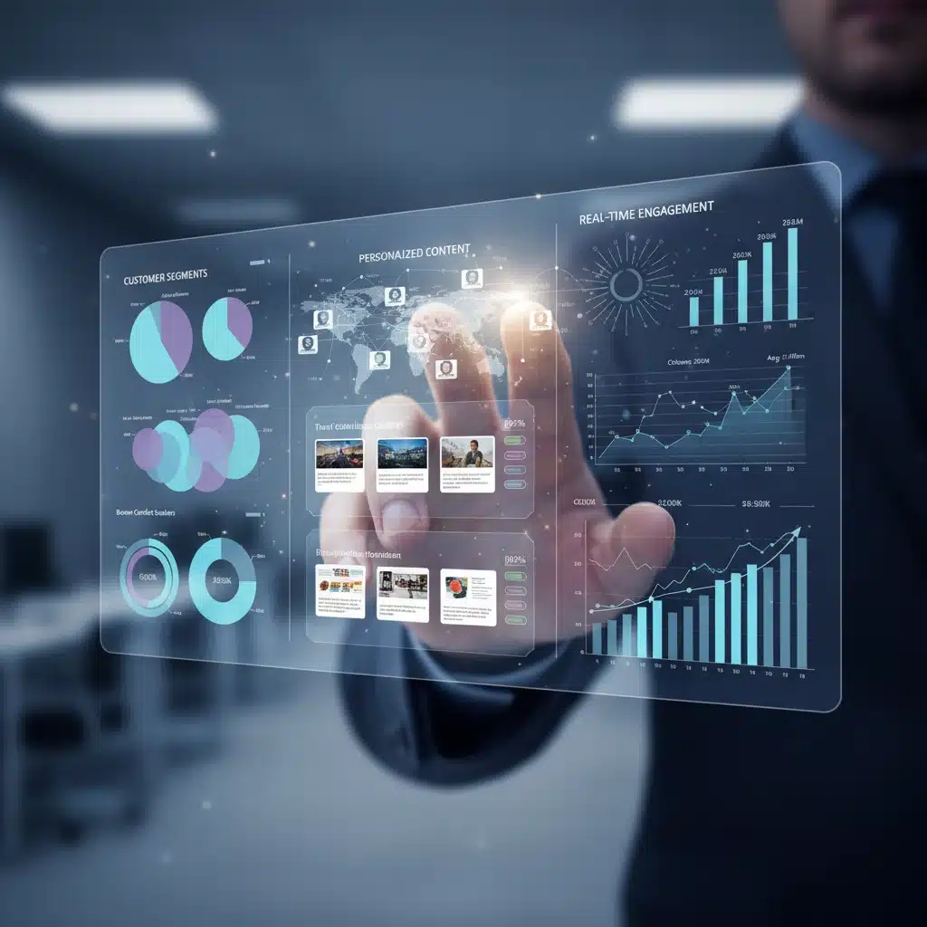 Hand interacting with holographic display showing hyper-personalized customer segments and content.