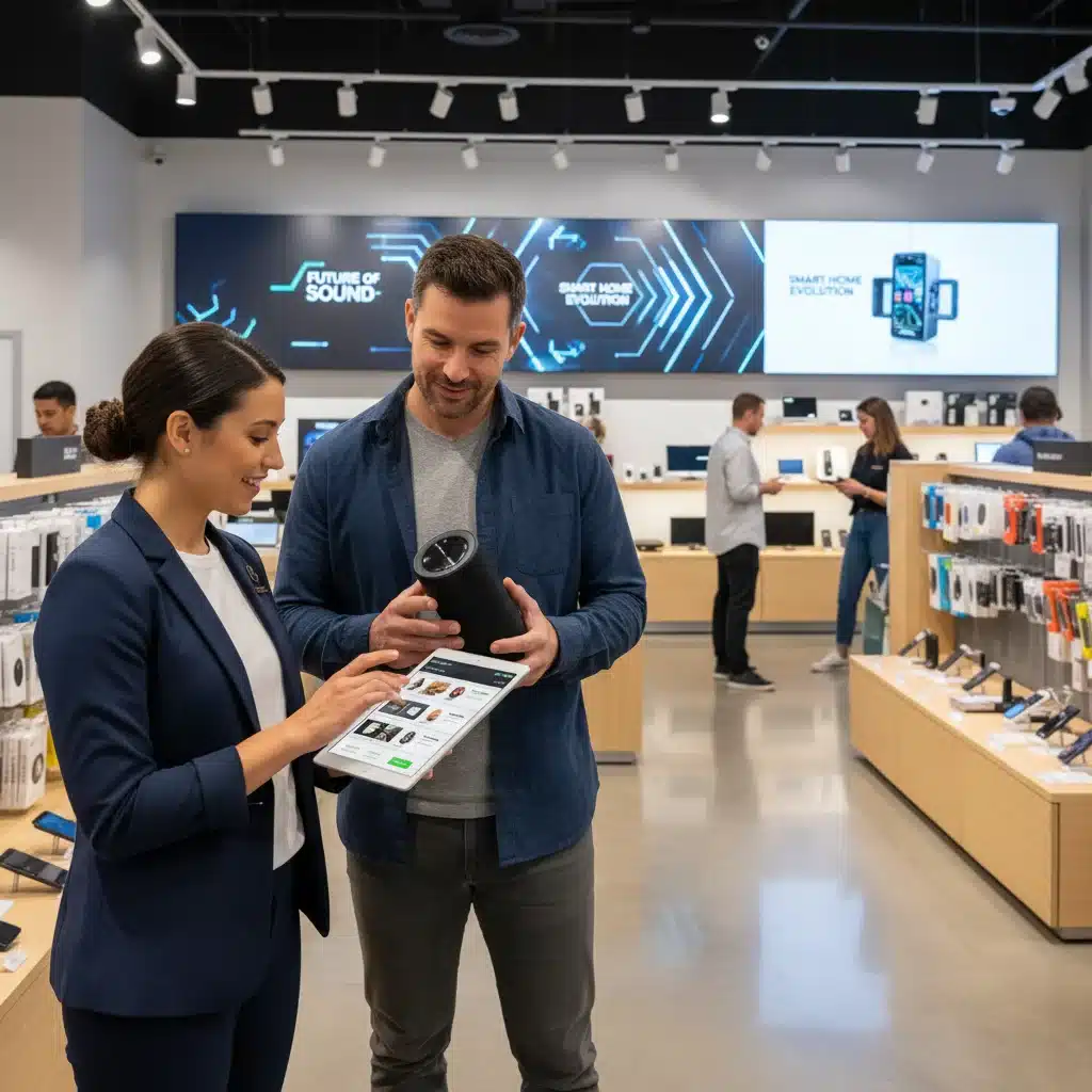 Retail associate using a tablet to provide personalized service in-store, demonstrating seamless integration.