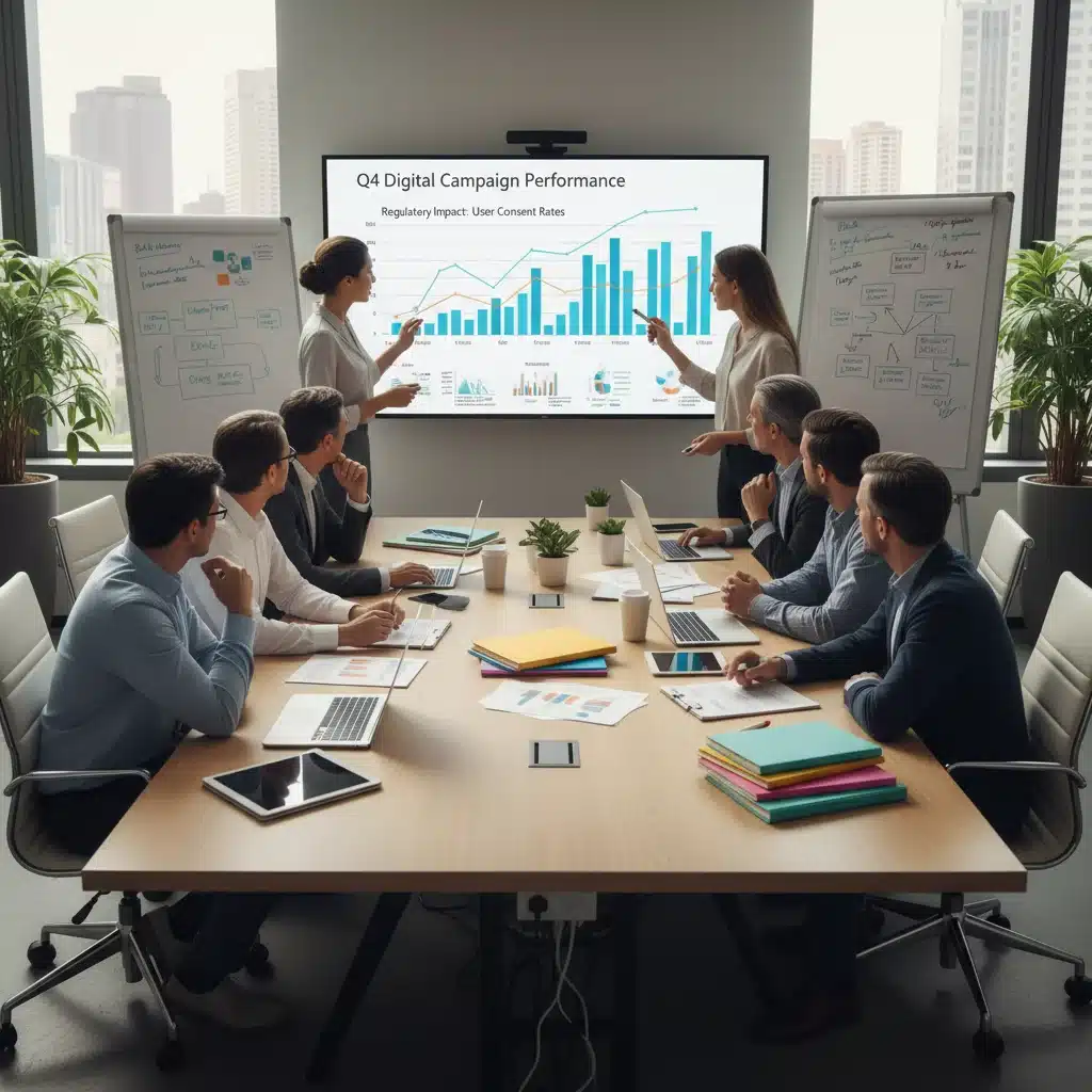 Marketing team collaborating and strategizing in an office, discussing digital marketing performance and compliance with new regulations.