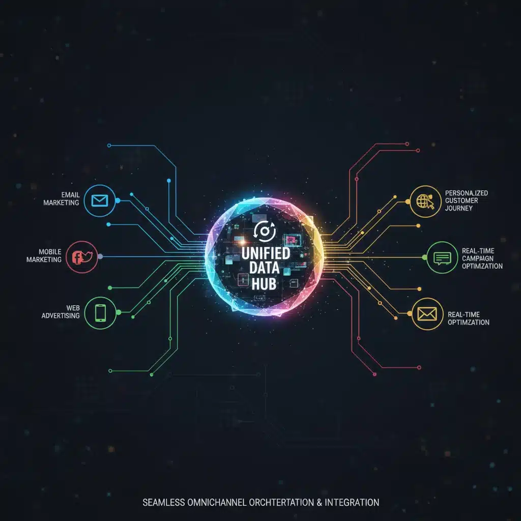 Complex network diagram illustrating integrated omnichannel marketing channels and data flow.