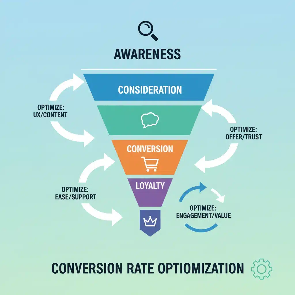 Infographic depicting a sales funnel with conversion rate optimization points.