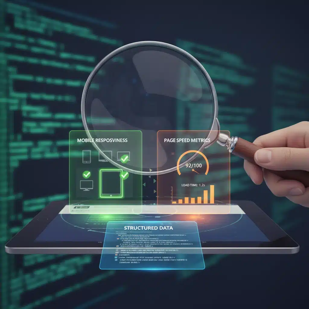Magnifying glass over tablet showing technical SEO elements like mobile responsiveness and page speed