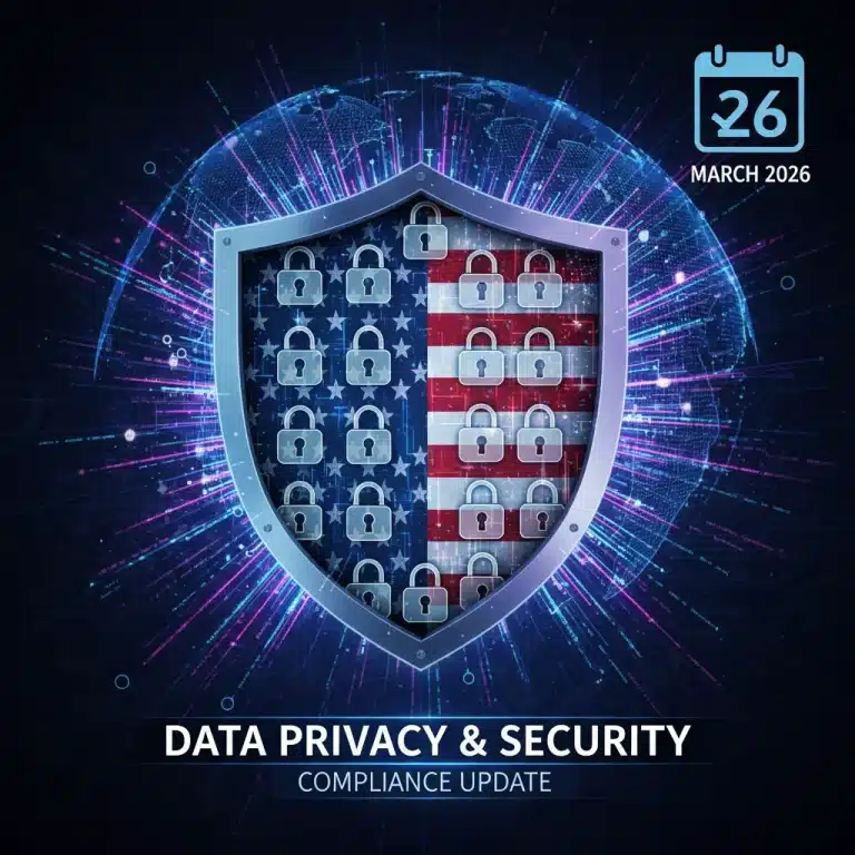 Digital data streams with locks, US flag elements, and a calendar for March 2026, symbolizing US consumer privacy regulations.
