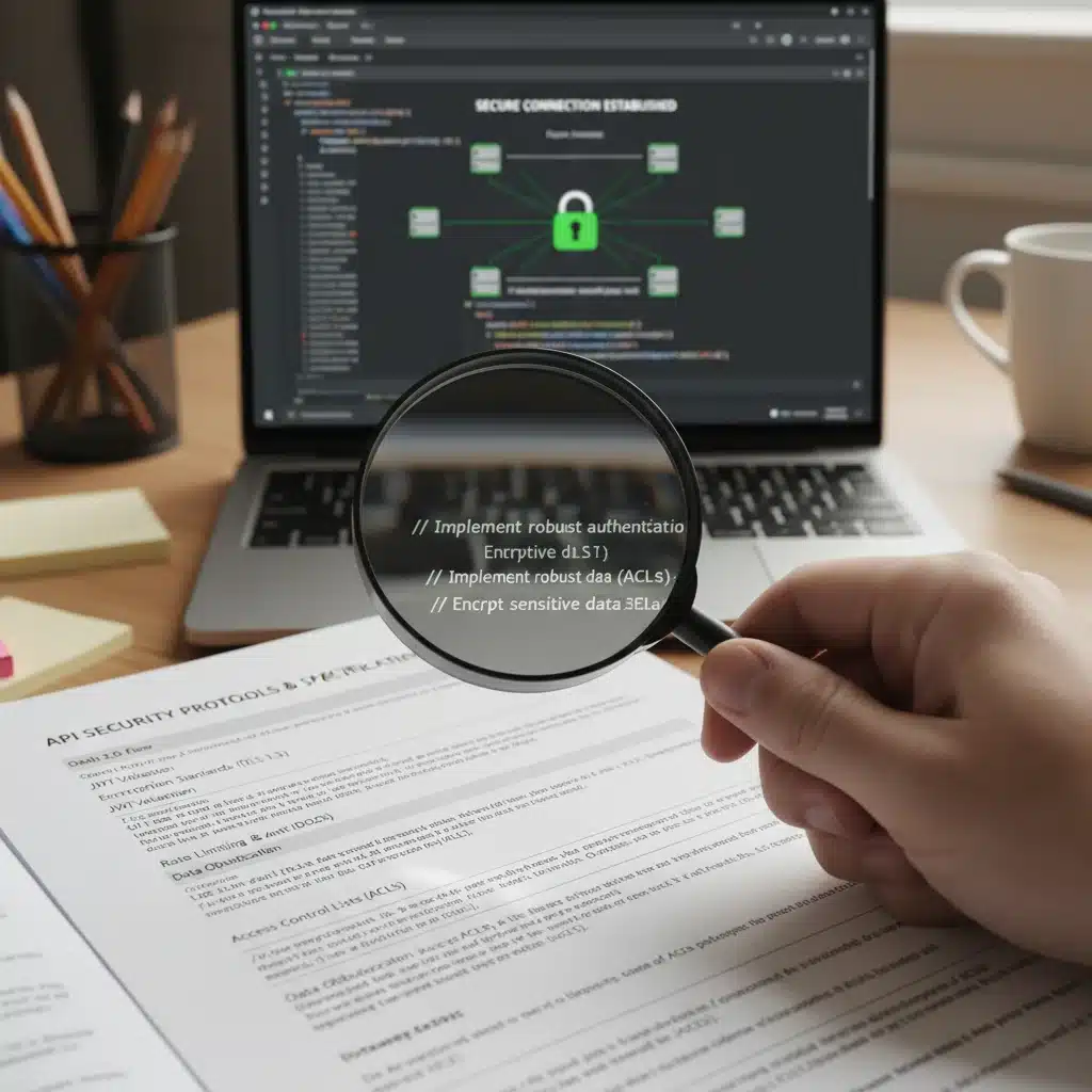 Magnifying glass over API specifications, highlighting data security protocols.