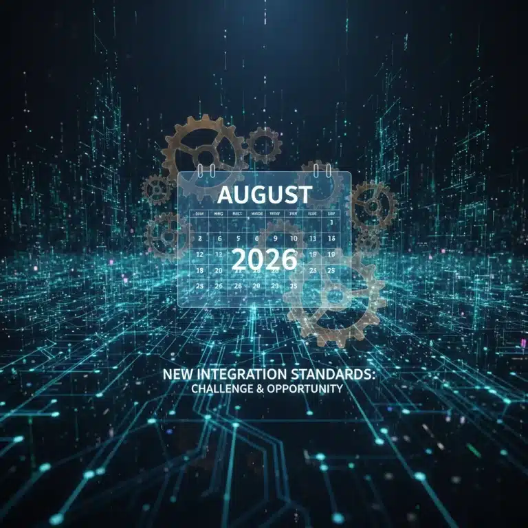 Digital network with calendar marking August 2026, symbolizing impending integration changes.