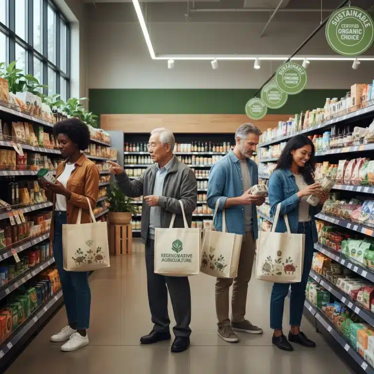 Shoppers making conscious choices in a grocery store, emphasizing sustainable products.