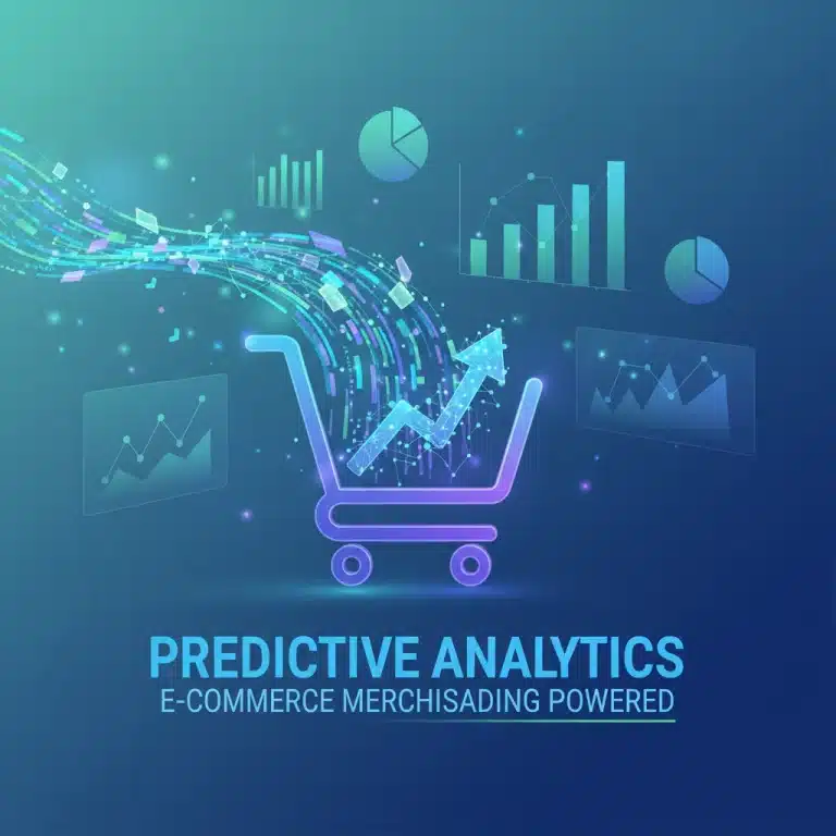 Data flowing into a shopping cart, representing predictive analytics in merchandising