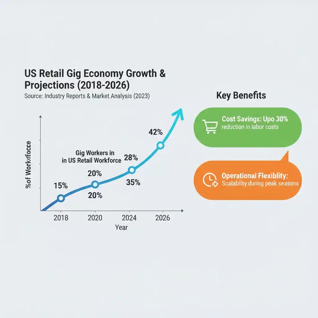 Infographic showing the projected growth and benefits of the gig economy in US retail through 2026.