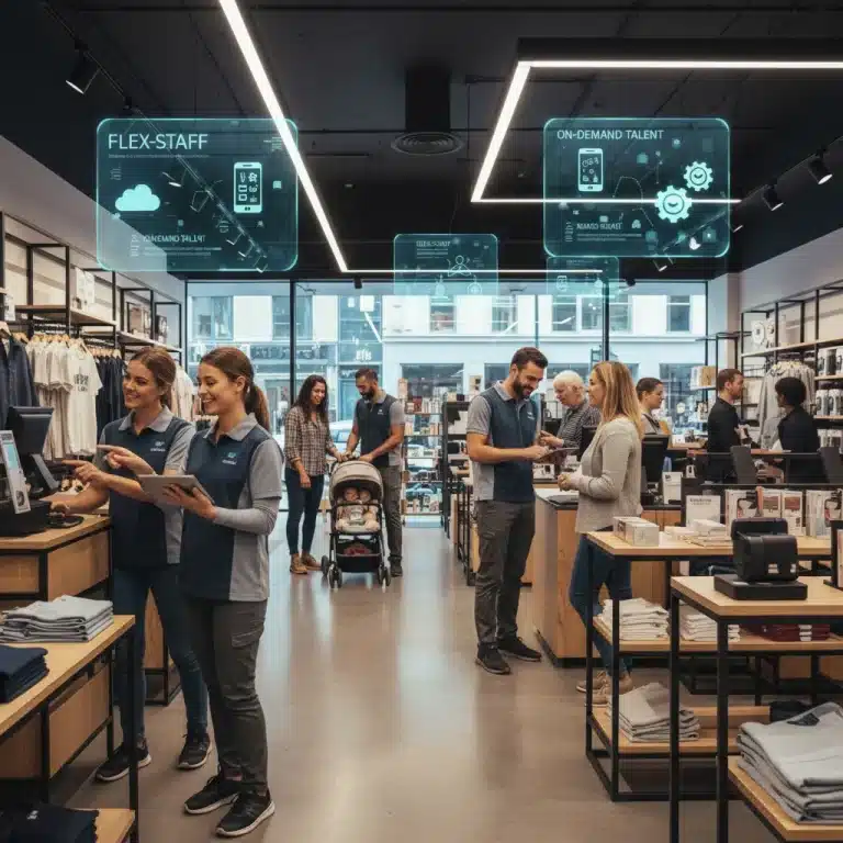 Diverse retail team utilizing gig workers for flexible staffing solutions in a modern store environment.