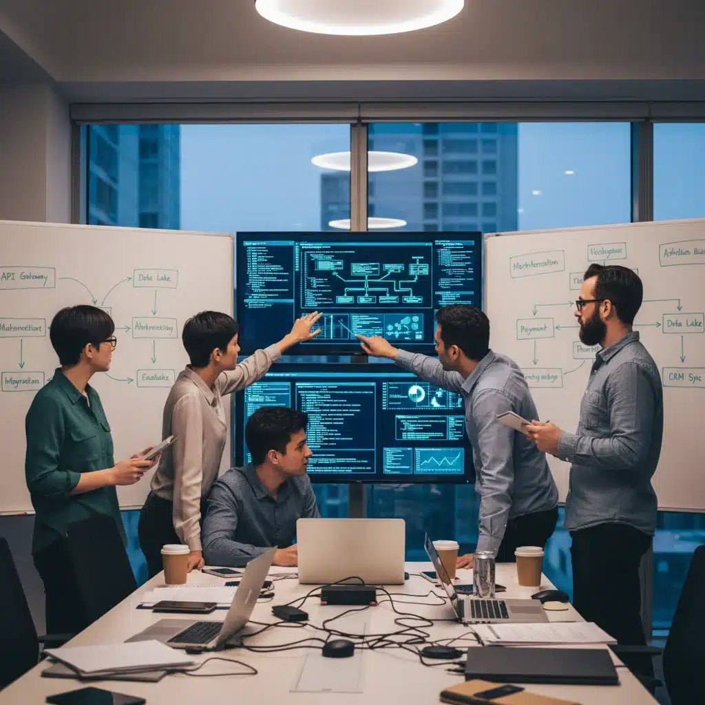 IT team analyzing code and flowcharts for system integration planning.