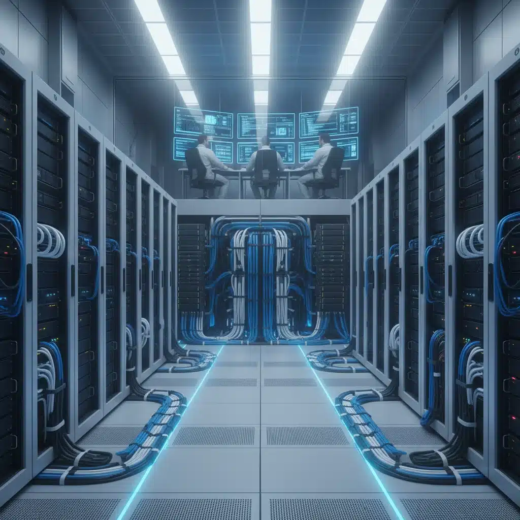 Modern server room with high-performance servers, organized cabling, and blue lighting, symbolizing advanced data center infrastructure.