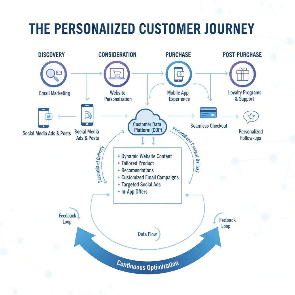Customer journey map with personalized touchpoints across digital channels.
