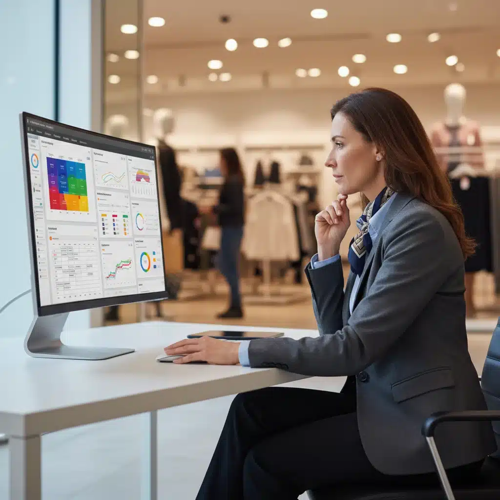 Retail manager analyzing workforce data on a computer to optimize staffing strategies with gig workers.
