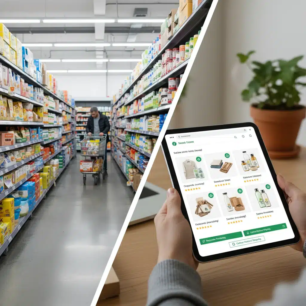 Contrast between traditional shopping and online sustainable product discovery.