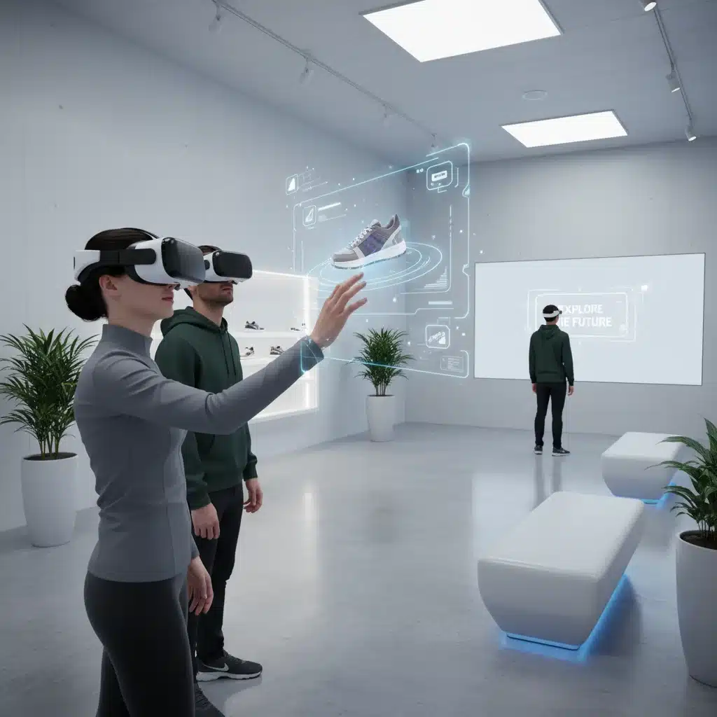 Customers using virtual reality headsets for immersive shopping in a retail store
